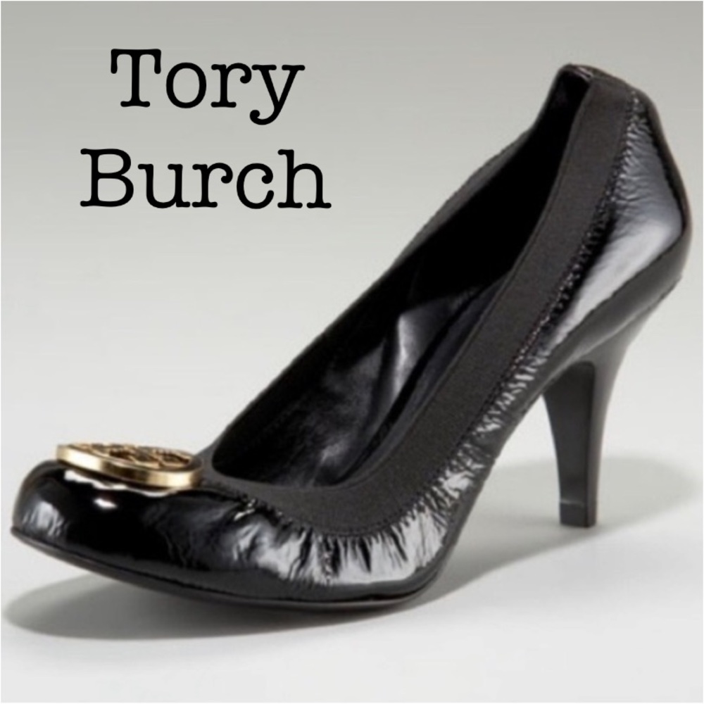 Tory Burch Caroline Black Patent Leather Logo Heels Size 5